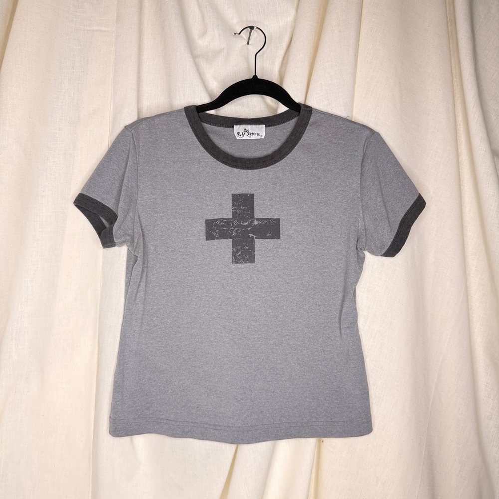 Vintage Y2K Self Esteem + Ringer Baby Tee Gray Monochrome size L  cute classic
